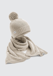 HARP TEAM  ZESTAW ZIMOWY KREMOWY - SZALIK I CZAPKA Z POMPONEM