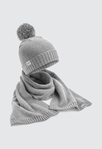 HARP TEAM  ZESTAW ZIMOWY JASNOSZARY - SZALIK I CZAPKA Z POMPONEM