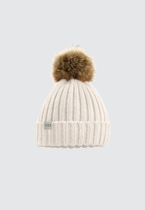 CZAPKA BEANIE Z FUTRZASTYM POMPONEM KREMOWA