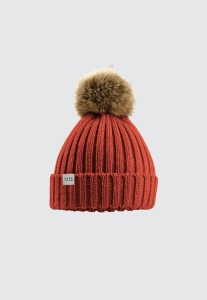 CZAPKA BEANIE Z FUTRZASTYM POMPONEM CEGLASTOCZERWONA
